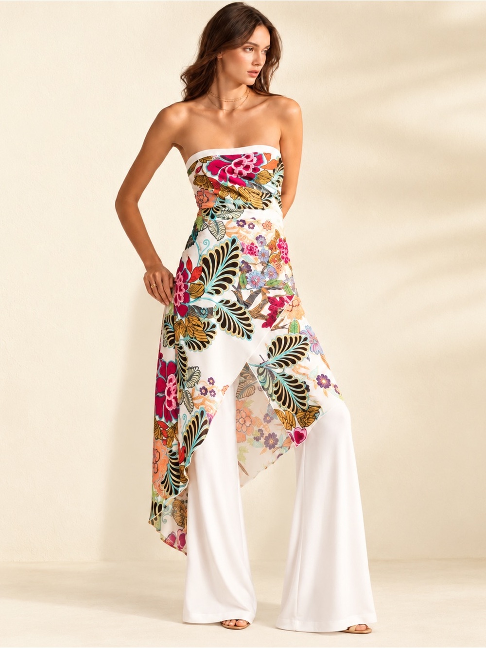 Joseph Ribkoff NWT Floral Overlay Strapless Palazzo Jumpsuit Resort Size 14